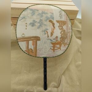 Vtg Japanese Asian Oriental Silk Screen Handheld Paddle Fan Hand Cosplay
